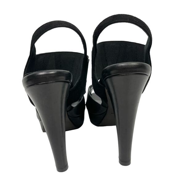 Dana Davis | Annie Black Leather Slingback Peep Toe Tall Heel Platform Sandals - Picture 4 of 9